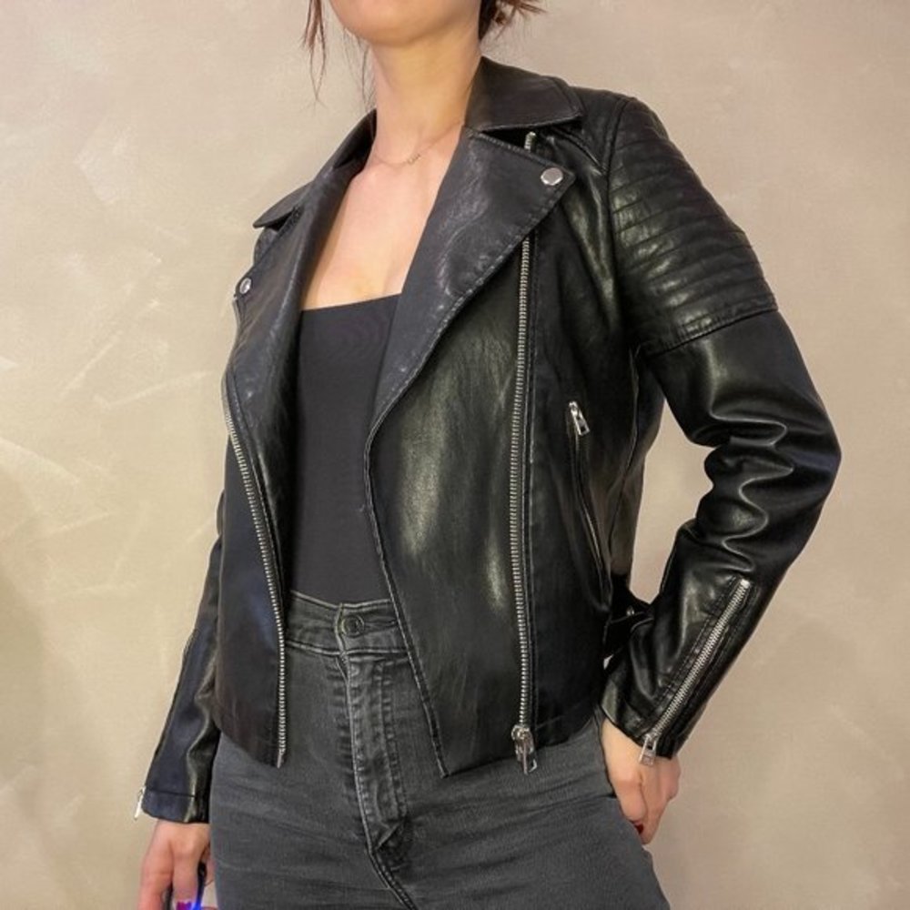 Topshop Faux Black Leather Motorcycle Jacket with Silver Details in Size 6